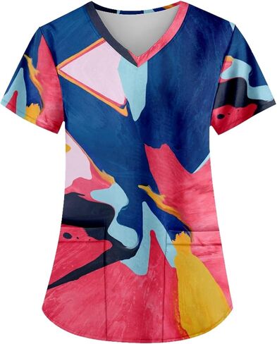 AMOMA Women's Abstract Oil Painting Nursing Shirts Gradient Paint V-Neck Scrub Tops with Two Pockets in Kuwait