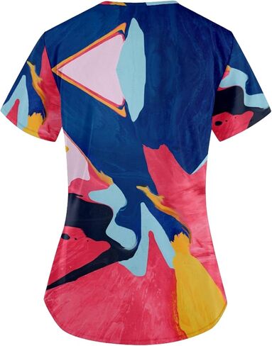 AMOMA Women's Abstract Oil Painting Nursing Shirts Gradient Paint V-Neck Scrub Tops with Two Pockets in Kuwait