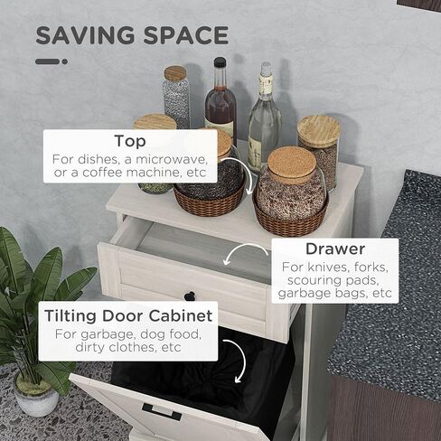 Homcom Kitchen Tilt Out Trash Bin Cabinet Free Standing Recycling Canning Can Reservice مع درج ، فحم رمادي in Saudi Arabia