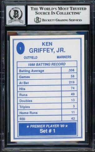 Ken Griffey Jr. Autographed 1989 Premier Player Rookie Card #1 Seattle Mariners Auto Grade Gem Mint 10 Beckett BAS #17037588 - Baseball Slabbed Autographed Rookie Cards in Kuwait