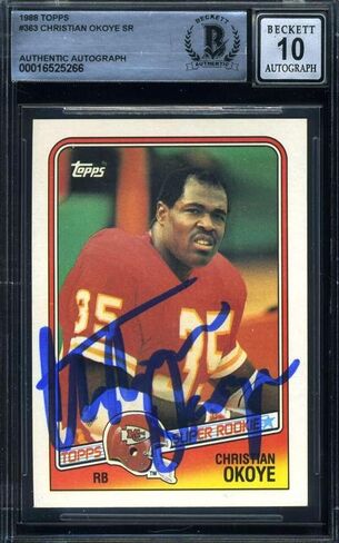 Christian Okoye SR GEM Mint 10 Beckett BAS توقيع 1988 Topps Rookie Autograph - كرة القدم بطاقات الصاعد الموقعة in Saudi Arabia