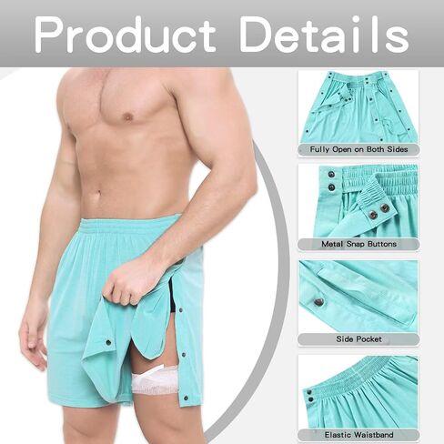 Landofgenie Mens Tear Away Shorts Post Surgery Recovery Pants Adaptive Clothing Both Sides Snap with Pockets for Leg Injures in Saudi Arabia