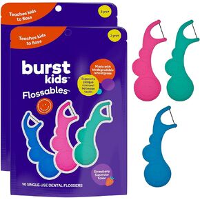 Burst Kids Flossers (90 Count/1 Pack) | رائحة الفراولة | تختار خيط الأسنان الصغار مع تصميم مريح | قبضة عدم الانزلاق | وجه مبتسم وألوان ممتعة in Kuwait