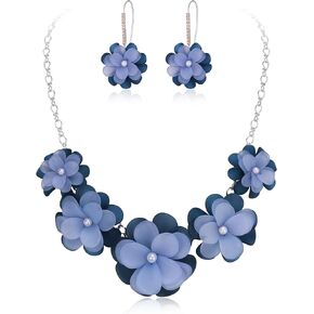 Flyonce Pink Flower Statement Necklace Boho Summer Holiday Beach Jewelry Floral Flowers Collar Necklaces with Earrings for Women in Kuwait