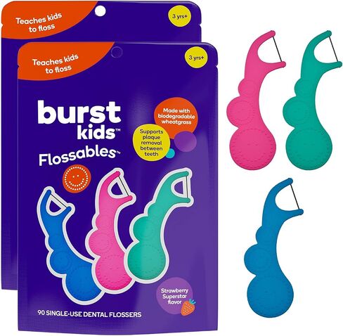 Burst Kids Flossers (90 Count/1 Pack) | رائحة الفراولة | تختار خيط الأسنان الصغار مع تصميم مريح | قبضة عدم الانزلاق | وجه مبتسم وألوان ممتعة in Kuwait