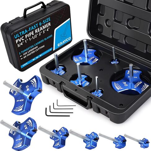 Triple Blade PVC Pipe Reamer Kit, Plastic Pipe Fitting Reamer Tool for Plumbing, 3 Blades PVC Fitting Saver for SCH40, ABS, CPVC Pipe, 6 PCS (3/4", 1", 1-1/2", 2", 3", 4") in Kuwait