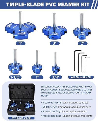 Triple Blade PVC Pipe Reamer Kit, Plastic Pipe Fitting Reamer Tool for Plumbing, 3 Blades PVC Fitting Saver for SCH40, ABS, CPVC Pipe, 6 PCS (3/4", 1", 1-1/2", 2", 3", 4") in Kuwait