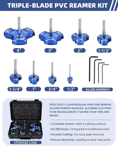 Triple Blade PVC Pipe Reamer Kit, Plastic Pipe Fitting Reamer Tool for Plumbing, 3 Blades PVC Fitting Saver for SCH40, ABS, CPVC Pipe, 6 PCS (3/4", 1", 1-1/2", 2", 3", 4") in Kuwait