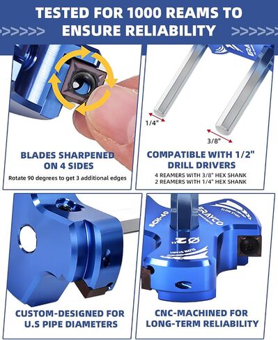 Triple Blade PVC Pipe Reamer Kit, Plastic Pipe Fitting Reamer Tool for Plumbing, 3 Blades PVC Fitting Saver for SCH40, ABS, CPVC Pipe, 6 PCS (3/4", 1", 1-1/2", 2", 3", 4") in Kuwait