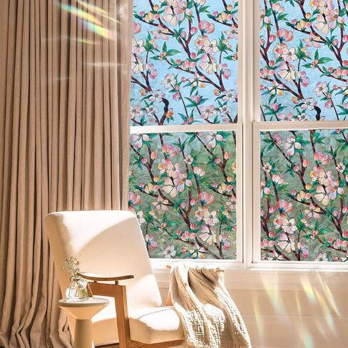 Runtoo Window Privacy Film Rainbow Boho Flower Window Clings 3D Decorative Vinyl Stained Glass Wildflower Floral Decals Static Sticker Non-Adhesive, 15.75 x 40 inches in Kuwait