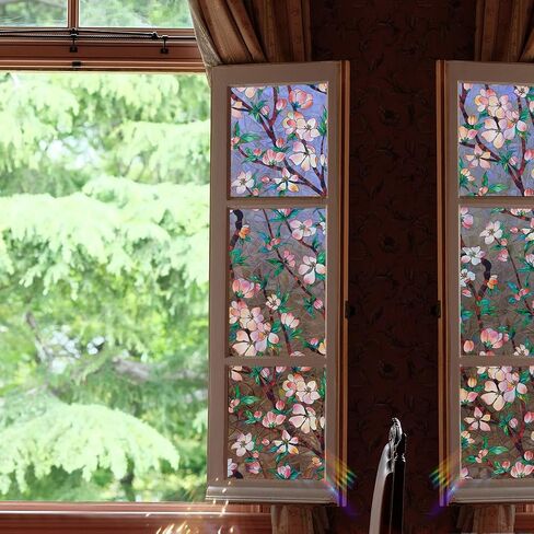 Runtoo Window Privacy Film Rainbow Boho Flower Window Clings 3D Decorative Vinyl Stained Glass Wildflower Floral Decals Static Sticker Non-Adhesive, 15.75 x 40 inches in Kuwait