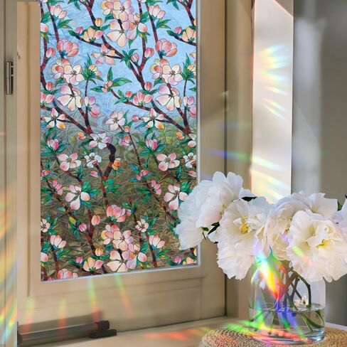 Runtoo Window Privacy Film Rainbow Boho Flower Window Clings 3D Decorative Vinyl Stained Glass Wildflower Floral Decals Static Sticker Non-Adhesive, 15.75 x 40 inches in Kuwait