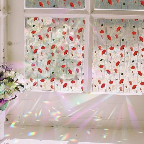 Runtoo Window Privacy Film Rainbow Boho Flower Window Clings 3D Decorative Vinyl Stained Glass Wildflower Floral Decals Static Sticker Non-Adhesive, 15.75 x 40 inches in Kuwait
