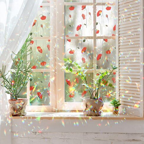 Runtoo Window Privacy Film Rainbow Boho Flower Window Clings 3D Decorative Vinyl Stained Glass Wildflower Floral Decals Static Sticker Non-Adhesive, 15.75 x 40 inches in Kuwait