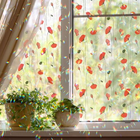 Runtoo Window Privacy Film Rainbow Boho Flower Window Clings 3D Decorative Vinyl Stained Glass Wildflower Floral Decals Static Sticker Non-Adhesive, 15.75 x 40 inches in Kuwait