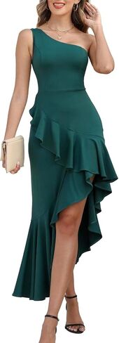 One Shoulder Dress for Women Sleeveless Midi Asymmetric Ruffle Dresses Bodycon Cocktail Party Dress(Black L) in Kuwait