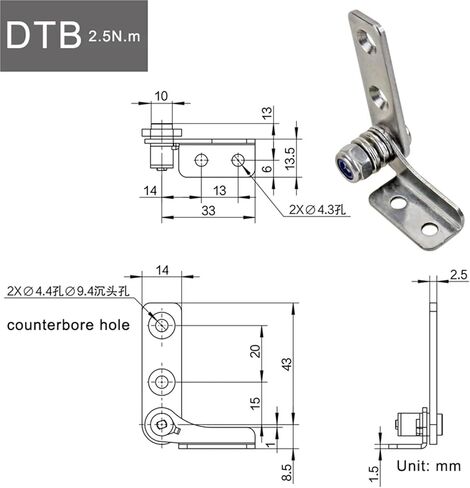 Stainless Steel Damping Hinge with Adjustable Torque, Stop Anywhere Pivot, and Positioning Support 1Pcs(DTB-Right 0.8N.m) in Kuwait