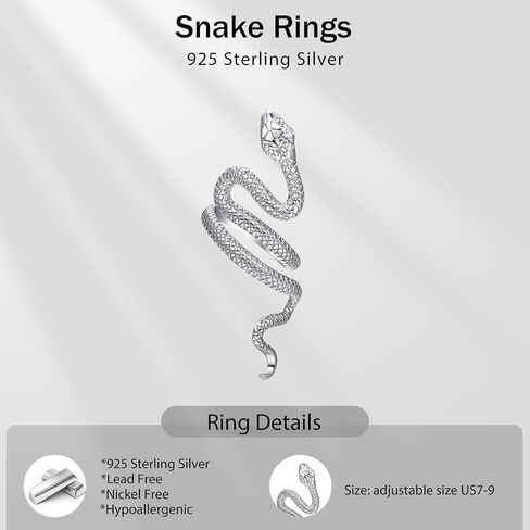 Praymos 925 Sterling Silver Snake/Shark Rings حلقة مفتوحة قابلة للتعديل للنساء مع مربع المجوهرات حجم 7-9 in Saudi Arabia