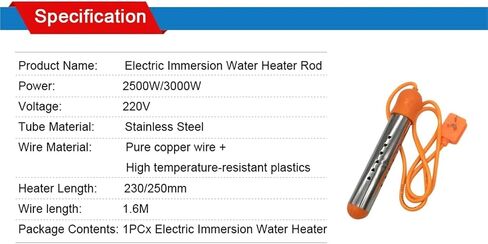Portable 220V Immersion Water Heater - 2.5KW/3KW Stainless Steel with Auto Power-Off for Travel & Home(220V 3KW 250L) in Saudi Arabia