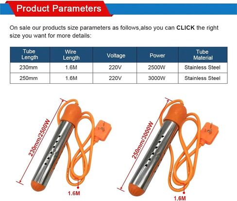 Portable 220V Immersion Water Heater - 2.5KW/3KW Stainless Steel with Auto Power-Off for Travel & Home(220V 3KW 250L) in Saudi Arabia