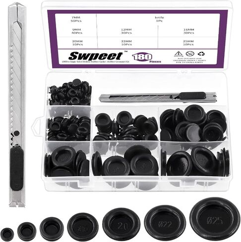 Swpeet 180Pcs 7 Common Sizes Closed Rubber Grommet Assortment Kit, Closed Fire-Wall Solid Hole Plug for Wire Electrical Appliance Plumbing Auto Car Wire Cable in Saudi Arabia