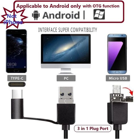 منظار USB للهاتف OTG Android ، الكمبيوتر المحمول ، 5.5 مم فحص الكاميرا Borescope مقاومة للماء مع نوع USB C ، مكونات Micro-USB 3in1 ، سلك النحاس النقي مع 6 مصابيح LED ، متوافقة مع معظم الهاتف ، الكمبيوتر (5M) in Saudi Arabia