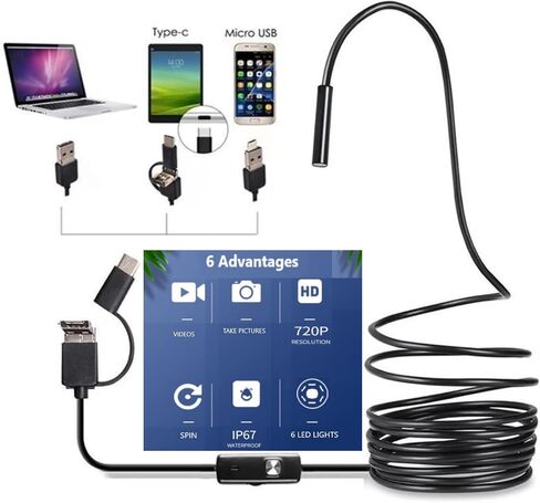 منظار USB للهاتف OTG Android ، الكمبيوتر المحمول ، 5.5 مم فحص الكاميرا Borescope مقاومة للماء مع نوع USB C ، مكونات Micro-USB 3in1 ، سلك النحاس النقي مع 6 مصابيح LED ، متوافقة مع معظم الهاتف ، الكمبيوتر (5M) in Saudi Arabia