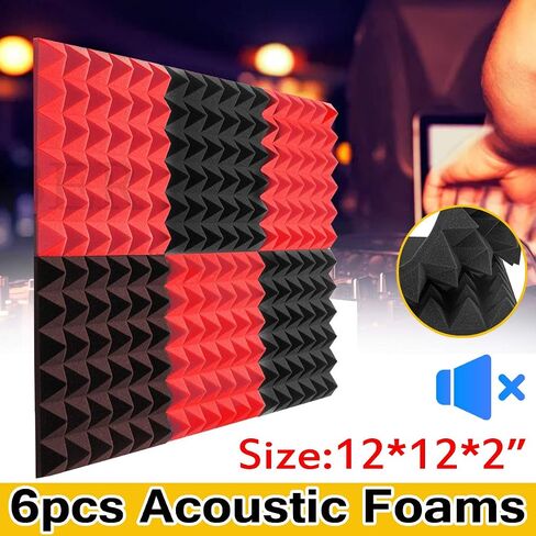 6Pcs Acoustic Foam Studio Soundproofing Foam Wedges Ties Black + Red 12 x 12 x 2inch in Saudi Arabia