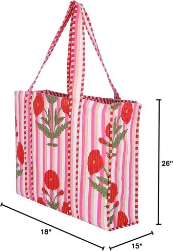 Klavate Women Handblock خفيفة الوزن حقيبة سفر حقيبة كتف القطن كيس لتسوق البقالة وحقيبة الشاطئ لها هدية لها in Kuwait