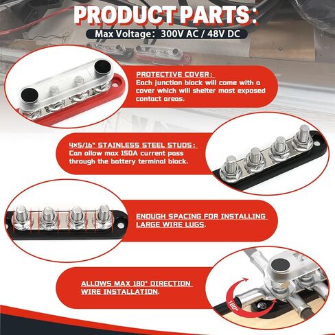 150A 12V BUS BAR MINI BATTERINAL COLLINAL مع غطاء 4 × 5/16 "(M8) للأنظمة الشمسية للسيارات البحرية -سلبية+أقصى إيجابية 48V DC/300V AC in Kuwait