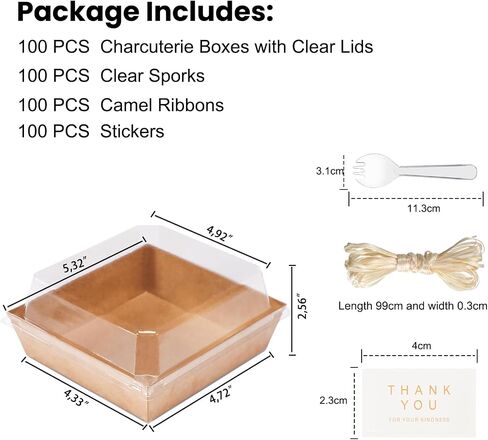 100pcs Smal Charcuterie Boxes with Clear Lids - Disposable Food Containers for Desserts,Boxes for Sandwich, Cake Slice Packaging, Fruit,Salad,Perfect for Bakery Treats,(Brown, 5.3 * 4.9 * 2.5 in) in Saudi Arabia