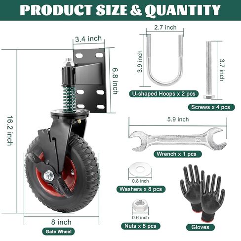 2Pcs 6 Inch Fence Gate Wheels with Brake 2 Install Heavy Duty Gate Wheels for Metal Wooden Gate Sliding Hardware 500lb Capacity 360° Rotation Spring-Loaded Farm Garden Caster Screwdriver Gloves Black in Kuwait