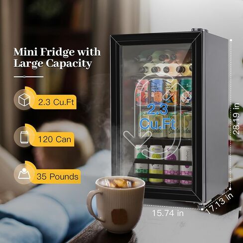 Beverage Refrigerator Wine Fridge 120 Cans, 2.3Cu.Ft./65L Wine Cooler Refrigerator with Glass Door, LED Light, Temperature Control, Adjustable Removable Shelves for Beer, Wine in Saudi Arabia