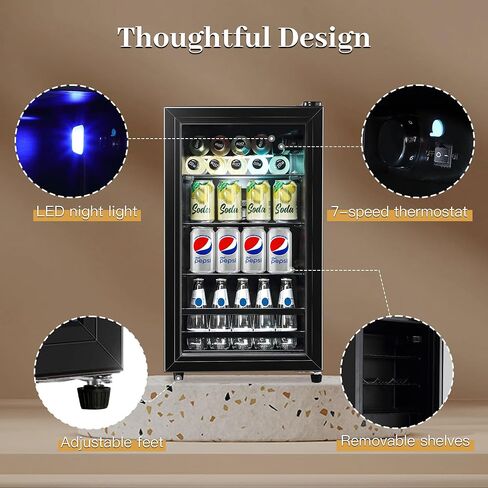 Beverage Refrigerator Wine Fridge 120 Cans, 2.3Cu.Ft./65L Wine Cooler Refrigerator with Glass Door, LED Light, Temperature Control, Adjustable Removable Shelves for Beer, Wine in Saudi Arabia