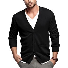 QUALFORT Mens Cardigan Sweater 100% Cotton Pockets Casual Slim Fit V-Neck Knitted Sweaters Button up in Saudi Arabia
