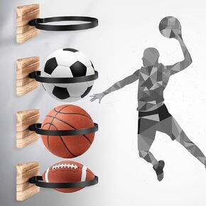 4 Pcs Wall Mount Basketball Holder with Wooden Base, Ball Storage Holders Display Rack for Autograph Basketball, Football, Soccer, Volleyball Collection, Sports Accessories Organizer for Player Fans in Saudi Arabia