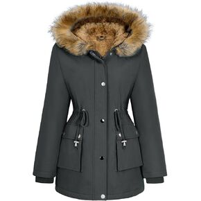 Womens Winter Coat Warm Thicken Puffer Jackets with Fur Hood Fleece Lined Parka Full-Zip Coat Overcoat in Kuwait