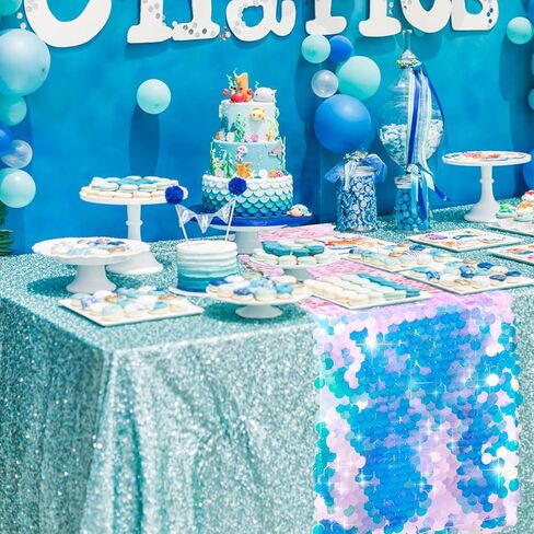 1 Pack Mermaid Party Table Runner 12 x 84 Inches Mermaid Tail Scales Sequin Table Runner Glitter Holographic Table Cover for Birthday Party Ocean Decorations in Kuwait