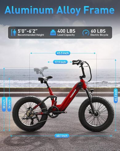 Corgi Electric Bike for Adults 960W, 48V 20Ah Battery, New Longitudinal Suspension, 20'' Fat Tire Full Suspension Mountain Ebike, 28MPH & 80Miles Range, LCD Display, 7 Speed in Saudi Arabia