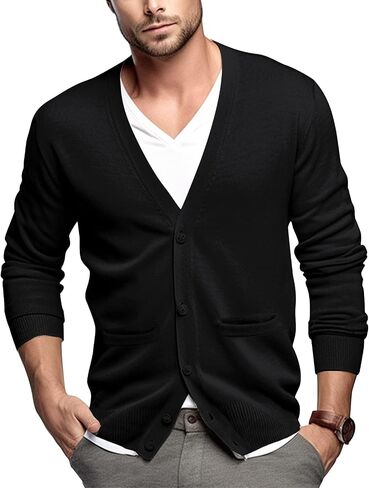 QUALFORT Mens Cardigan Sweater 100% Cotton Pockets Casual Slim Fit V-Neck Knitted Sweaters Button up in Kuwait