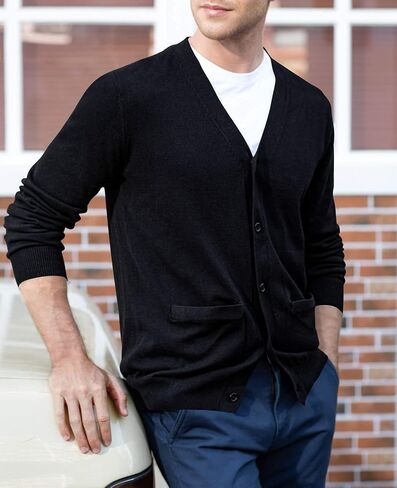 QUALFORT Mens Cardigan Sweater 100% Cotton Pockets Casual Slim Fit V-Neck Knitted Sweaters Button up in Kuwait