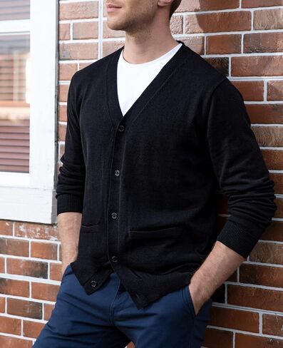 QUALFORT Mens Cardigan Sweater 100% Cotton Pockets Casual Slim Fit V-Neck Knitted Sweaters Button up in Kuwait