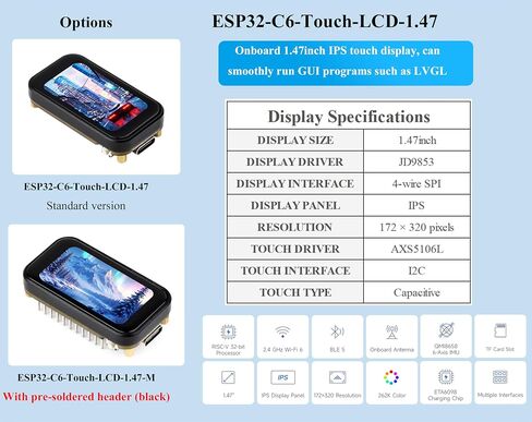 ESP32-C6 1.47inch Touch Display Development Board, 172x320 Resolution IPS LCD, 262K Display Color, Supports W-F-i 6 / BLE 5, 160MHz RISC-V Processor, Type-C, with Pre-Soldered Header in Saudi Arabia
