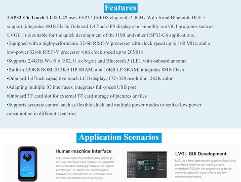 ESP32-C6 1.47inch Touch Display Development Board, 172x320 Resolution IPS LCD, 262K Display Color, Supports W-F-i 6 / BLE 5, 160MHz RISC-V Processor, Type-C, with Pre-Soldered Header in Saudi Arabia
