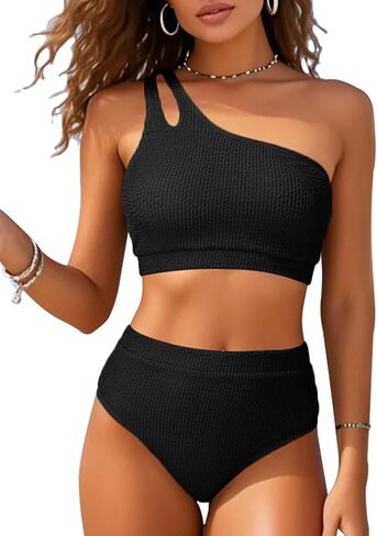 High Waisted Ribbed Bikini Swimsuit - Women Two Piece Bathing Suit One Shoulder Swimwear 2025 in Saudi Arabia