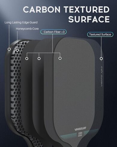 VINSGUIR Pickleball Paddle, Carbon Fiber Surface (CFS) High Grit & Spin, Pickle Ball Racket with 16MM Polypropylene Honeycomb Core and Elongated Handle, Ideal for Beginners and Professionals in Kuwait