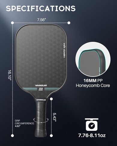 VINSGUIR Pickleball Paddle, Carbon Fiber Surface (CFS) High Grit & Spin, Pickle Ball Racket with 16MM Polypropylene Honeycomb Core and Elongated Handle, Ideal for Beginners and Professionals in Kuwait