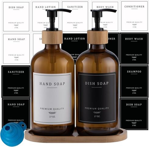 White Glass Soap Dispenser - Hand Dish Soap Dispenser Set for Kitchen Sink, Bathroom with Sturdy Pump and Tray, 14 Waterproof Labels,Refillable Soap Lotion Dispenser-White in Saudi Arabia