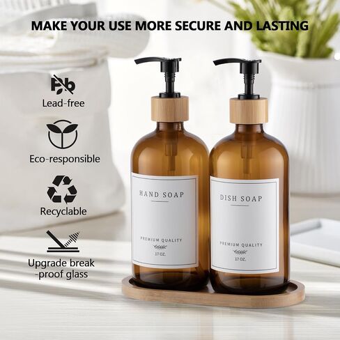 White Glass Soap Dispenser - Hand Dish Soap Dispenser Set for Kitchen Sink, Bathroom with Sturdy Pump and Tray, 14 Waterproof Labels,Refillable Soap Lotion Dispenser-White in Saudi Arabia
