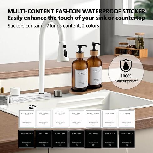 White Glass Soap Dispenser - Hand Dish Soap Dispenser Set for Kitchen Sink, Bathroom with Sturdy Pump and Tray, 14 Waterproof Labels,Refillable Soap Lotion Dispenser-White in Saudi Arabia